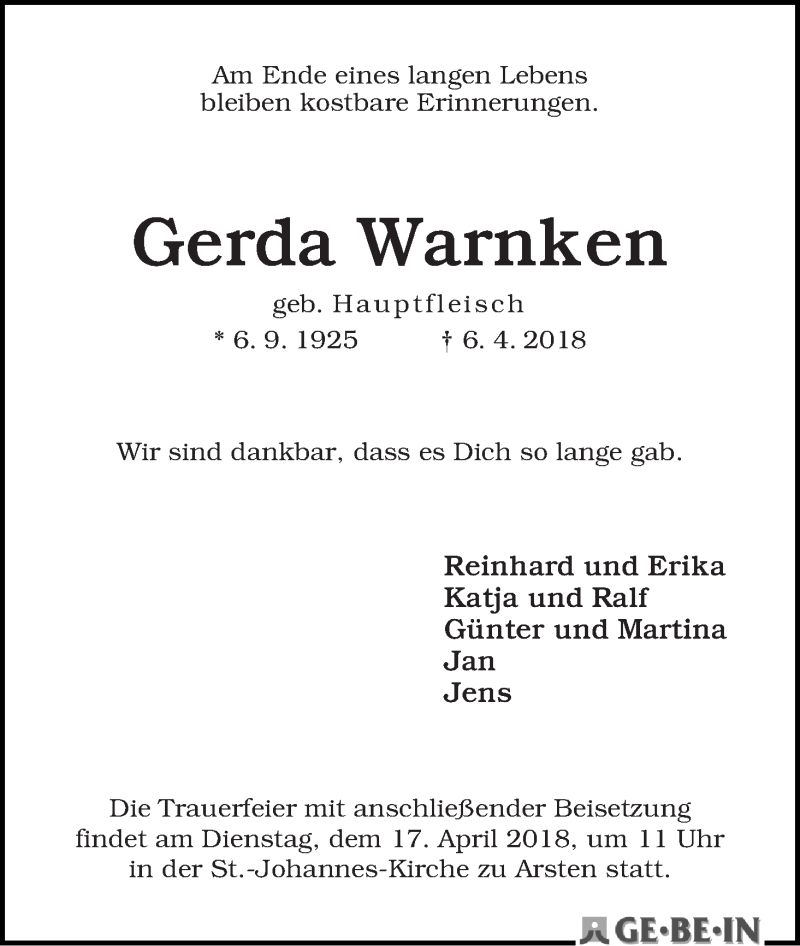 Traueranzeige von Gerda Warnken von WESER-KURIER