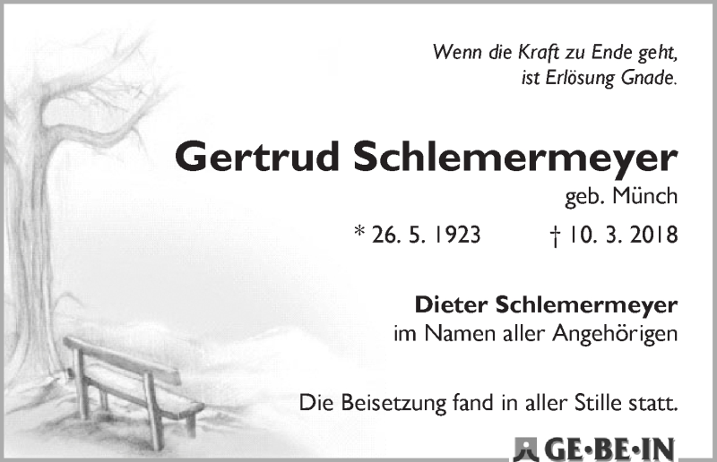 Traueranzeige von Gertrud Schlemermeyer von WESER-KURIER