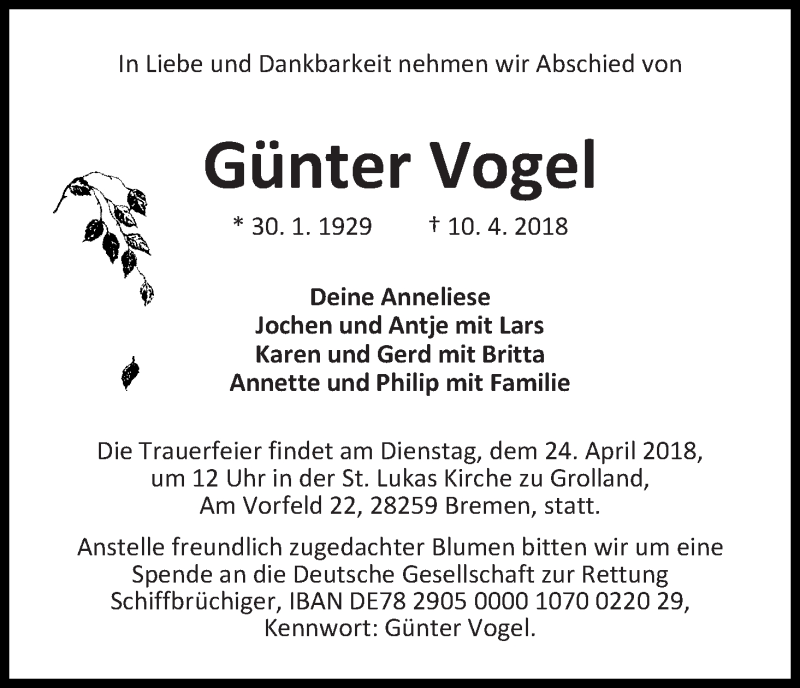 Traueranzeige von Günter Vogel von WESER-KURIER