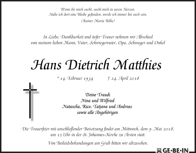 Traueranzeige von Hans Dietrich Matthies von WESER-KURIER