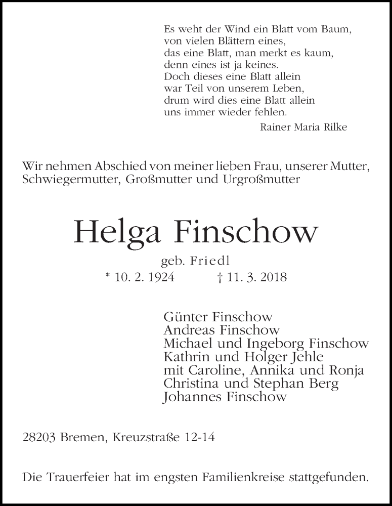 Traueranzeige von Helga Finschow von WESER-KURIER