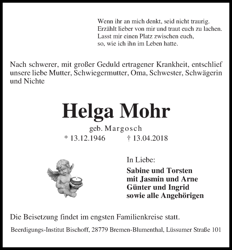 Traueranzeige von Helga Mohr von Die Norddeutsche