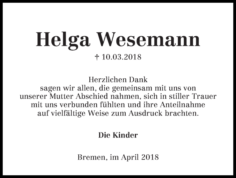 Traueranzeige von Helga Wesemann von Die Norddeutsche