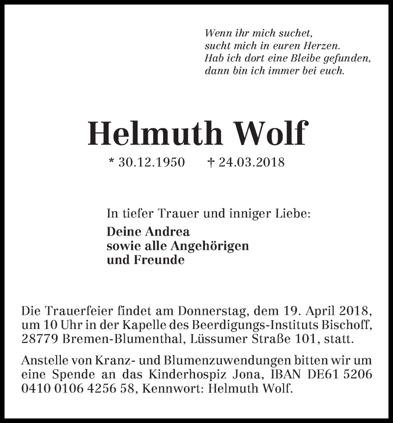 Traueranzeige von Helmuth Wolf von Die Norddeutsche