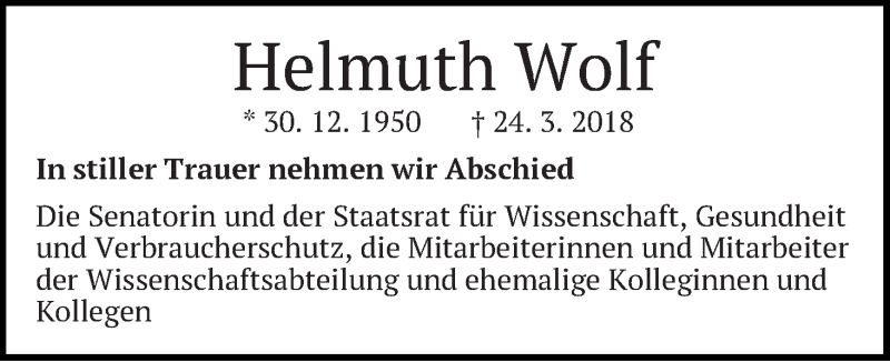 Traueranzeige von Helmuth Wolf von WESER-KURIER
