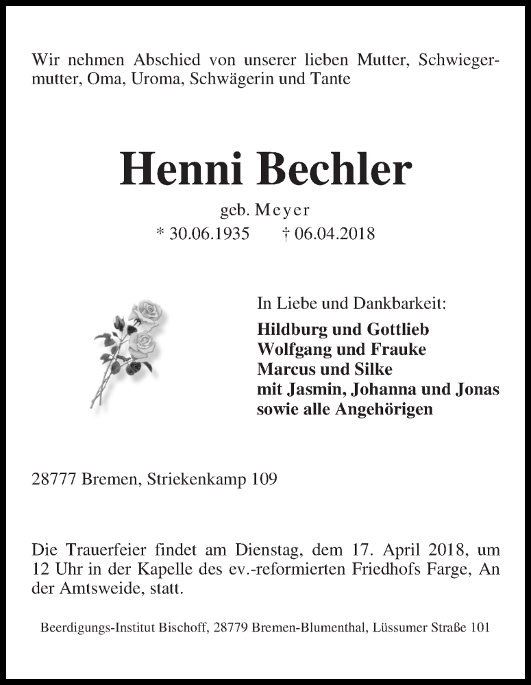 Traueranzeige von Henni Bechler von Die Norddeutsche