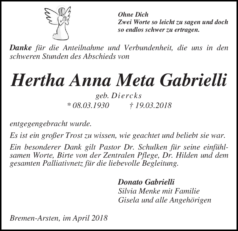 Traueranzeige von Hertha Anna Meta Gabrielli von WESER-KURIER