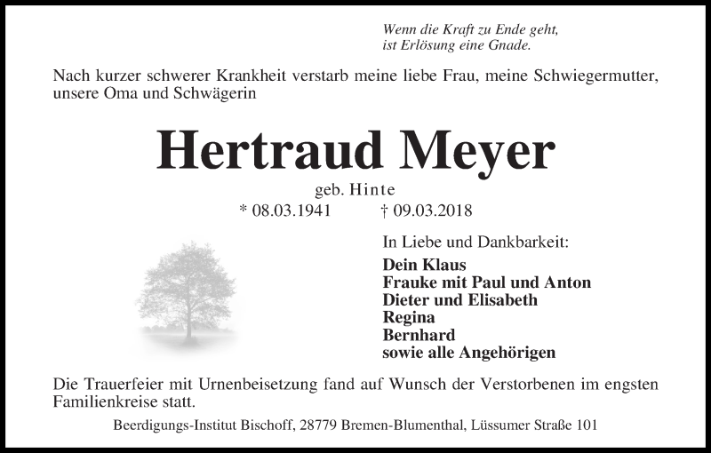 Traueranzeige von Hertraud Meyer von Die Norddeutsche
