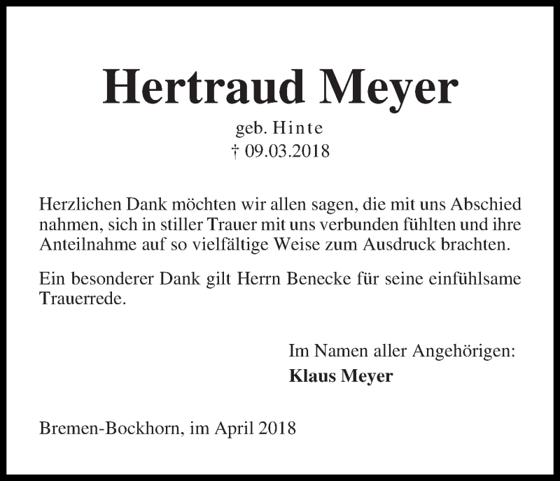 Traueranzeige von Hertraud Meyer von Die Norddeutsche