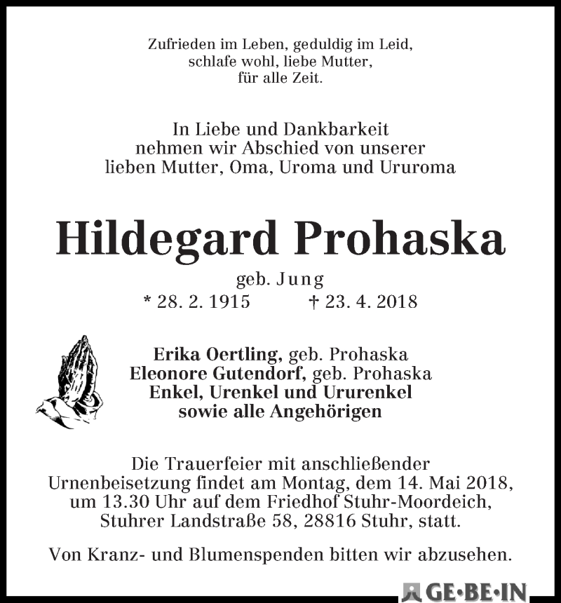 Traueranzeige von Hildegard Prohaska von WESER-KURIER