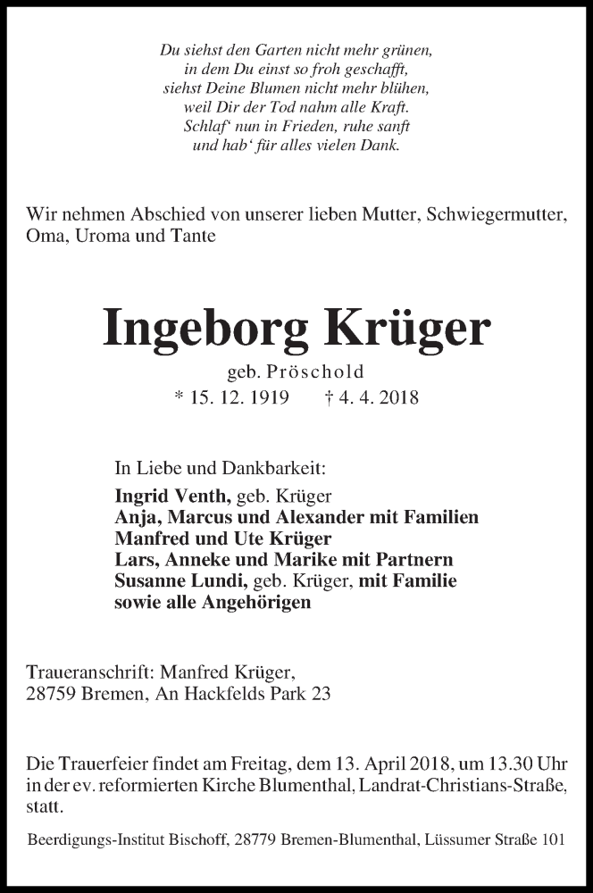 Traueranzeige von Ingeborg Krüger von Die Norddeutsche