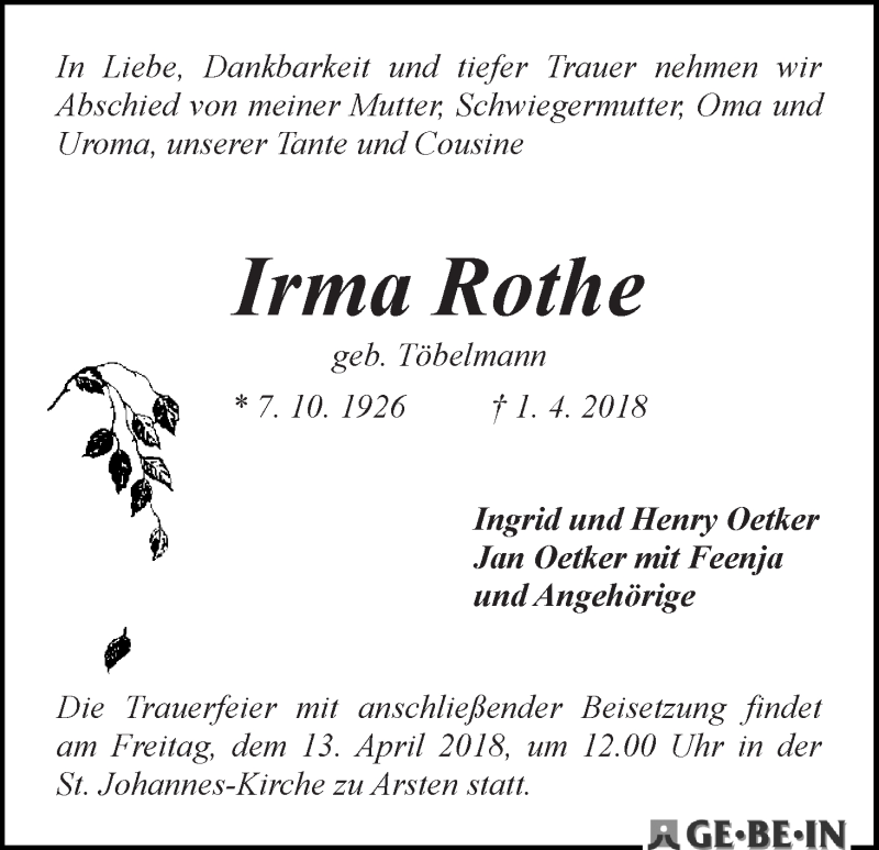 Traueranzeige von Irma Rothe von WESER-KURIER