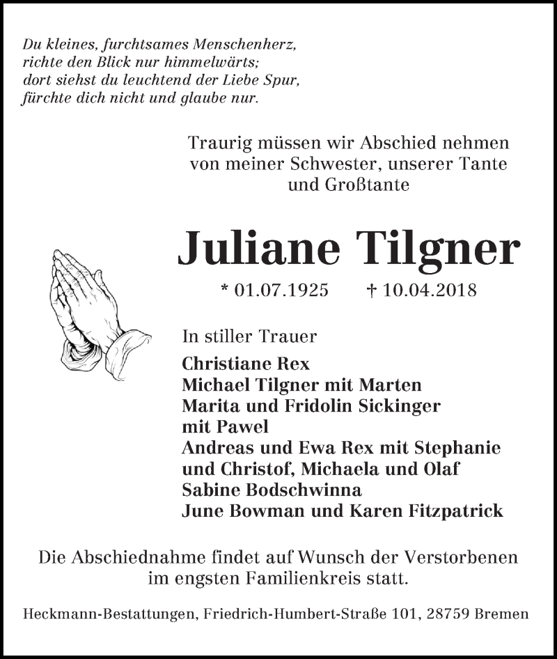 Traueranzeige von Juliane Tilgner von Die Norddeutsche