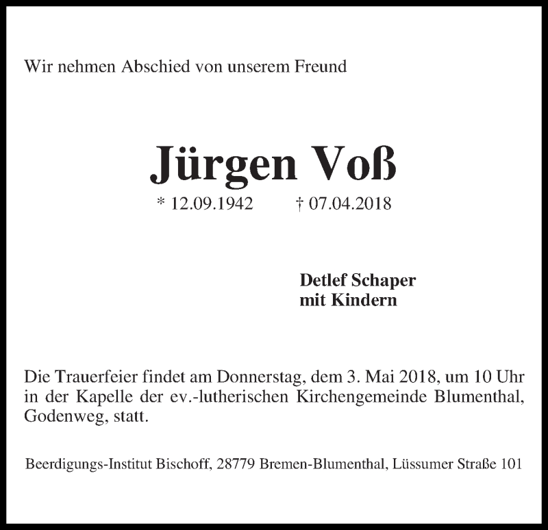 Traueranzeige von Jürgen Voß von Die Norddeutsche