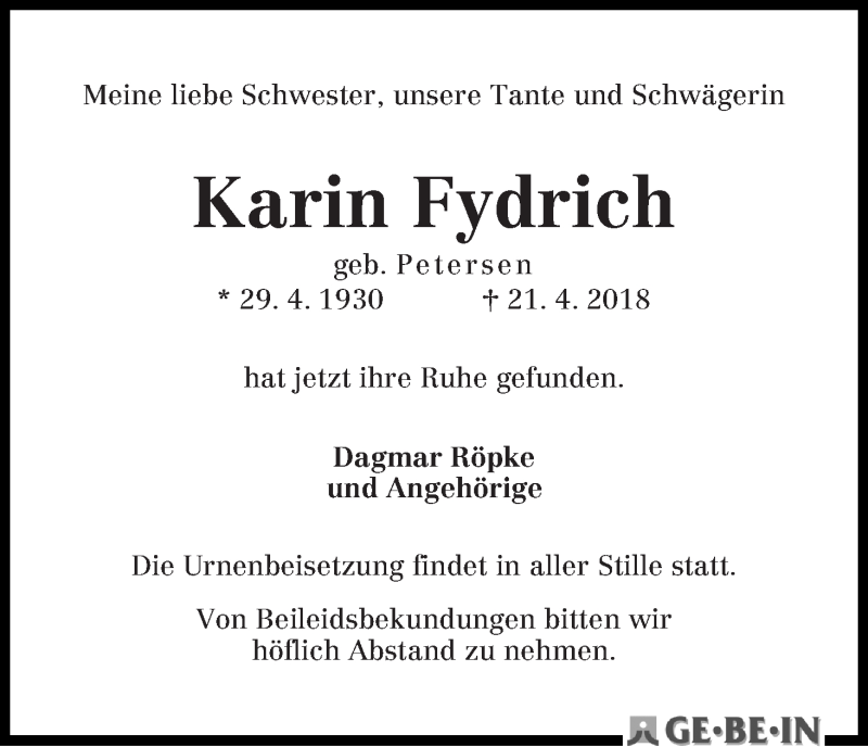 Traueranzeige von Karin Fydrich von WESER-KURIER