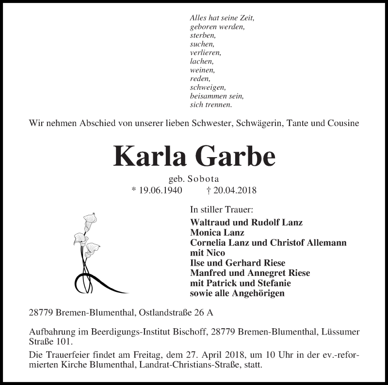 Traueranzeige von Karla Garbe von Die Norddeutsche