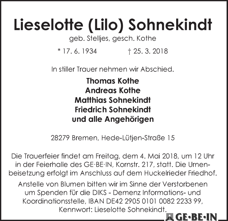 Traueranzeige von Lieselotte (Lilo) Sohnekindt von WESER-KURIER