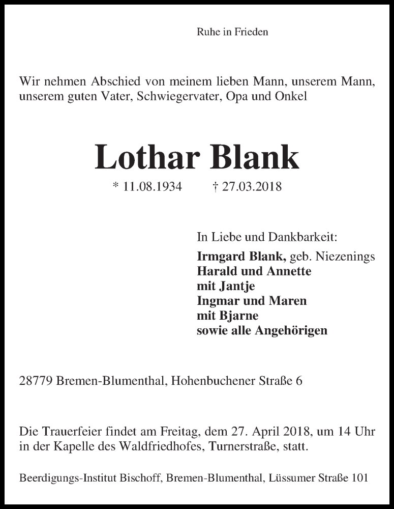 Traueranzeige von Lothar Blank von Die Norddeutsche