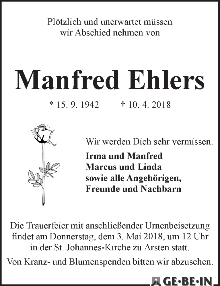 Traueranzeige von Manfred Ehlers von WESER-KURIER