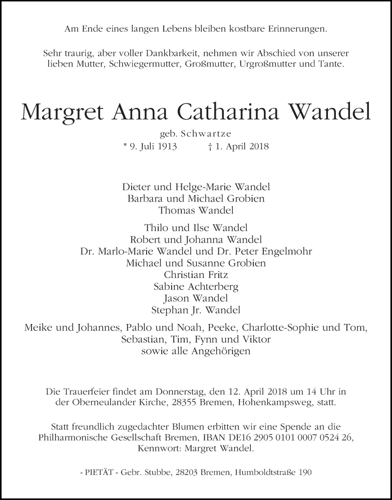 Traueranzeige von Margret Anna Catharina Wandel von WESER-KURIER