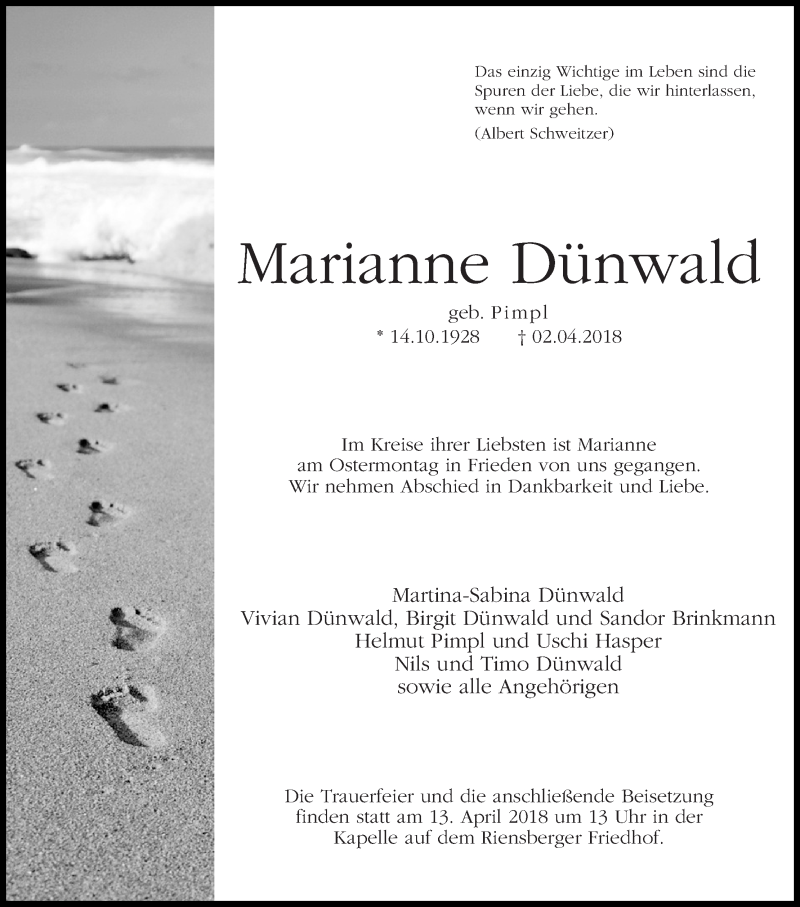 Traueranzeige von Marianne Dünwald von WESER-KURIER