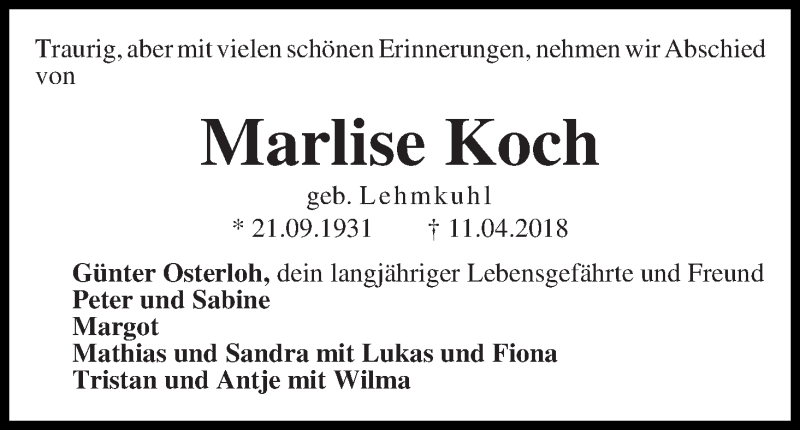 Traueranzeige von Marlise Koch von WESER-KURIER