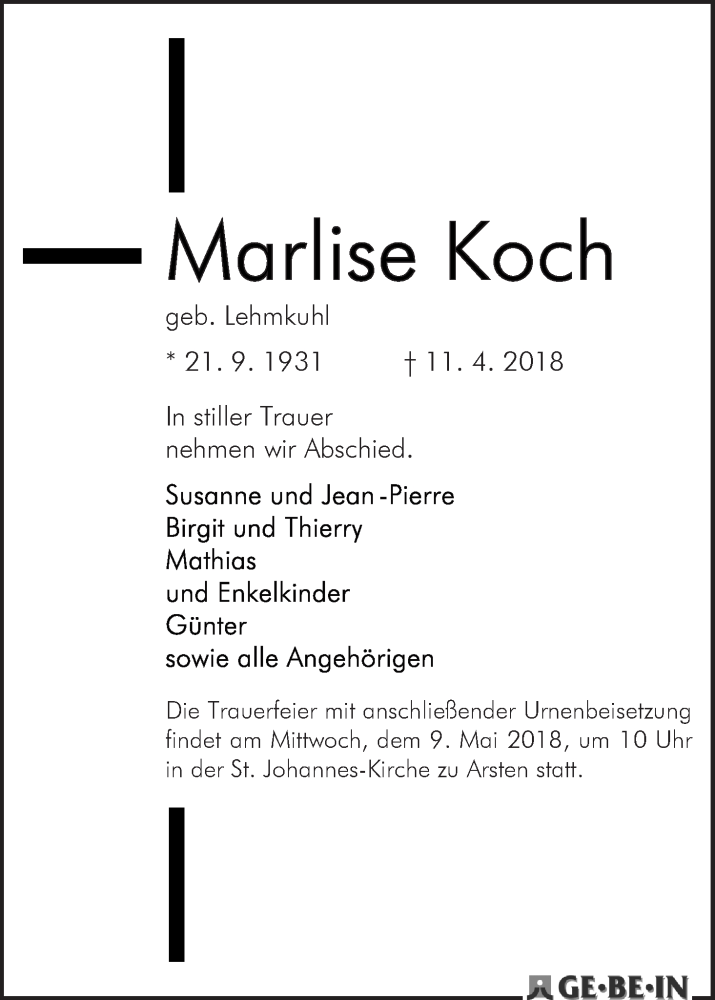 Traueranzeige von Marlise Koch von WESER-KURIER