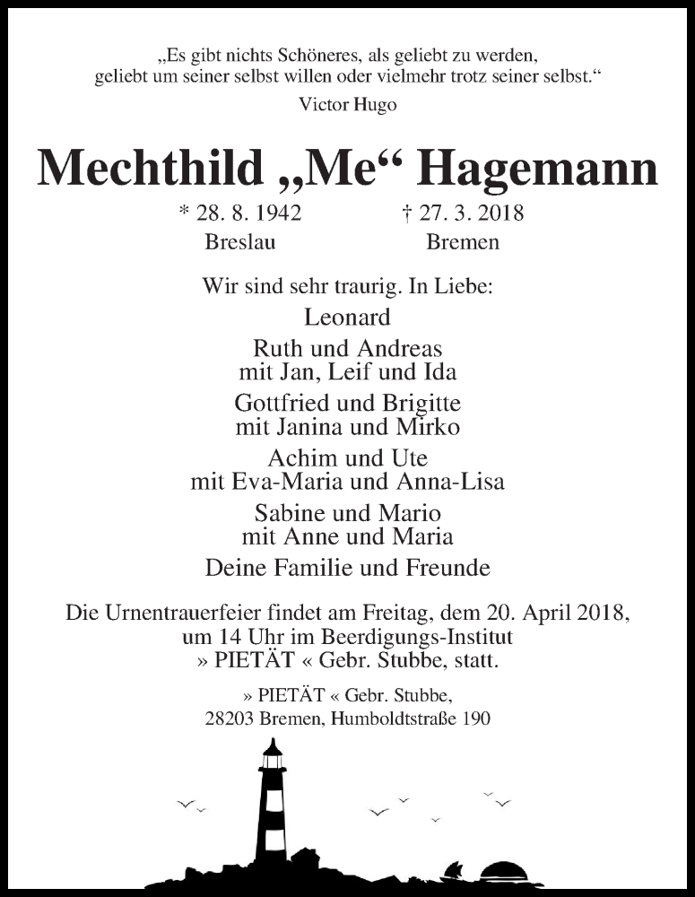 Traueranzeige von Mechtild Hagemann von WESER-KURIER