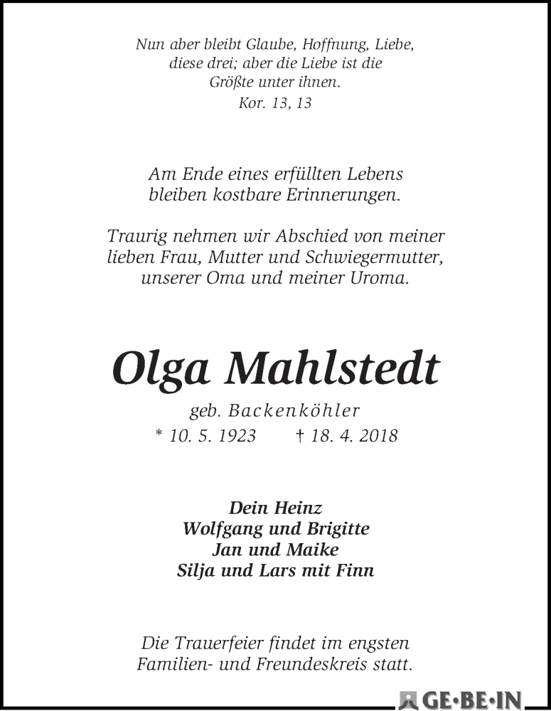 Traueranzeige von Olga Mahlstedt von WESER-KURIER
