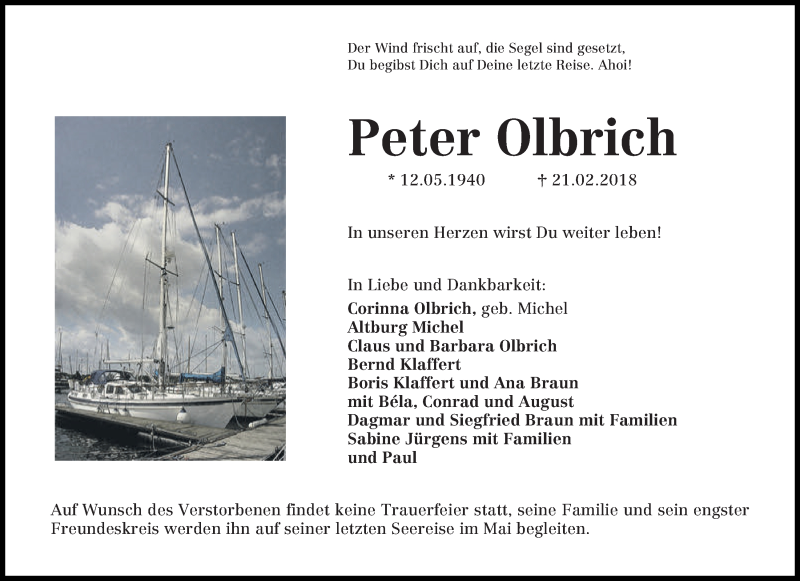 Traueranzeige von Peter Olbrich von WESER-KURIER