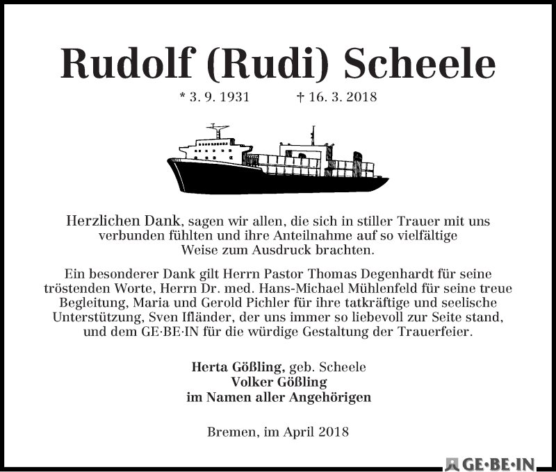 Traueranzeige von Rudolf Scheele von WESER-KURIER