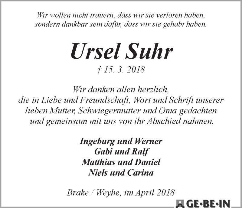 Traueranzeige von Ursel Suhr von WESER-KURIER