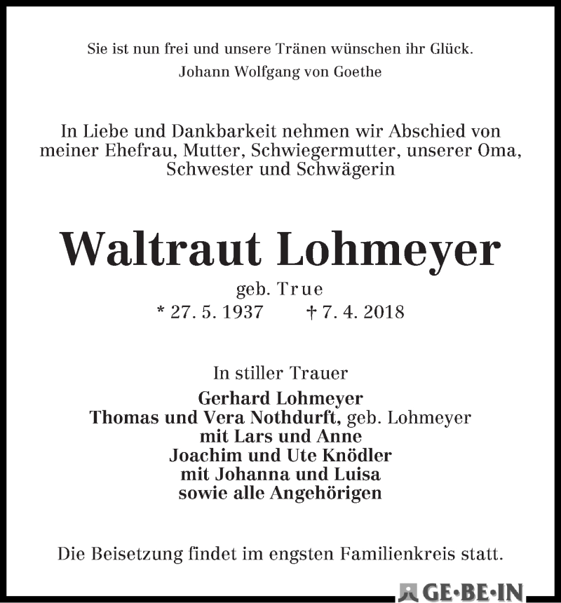 Traueranzeige von Waltraut Lohmeyer von WESER-KURIER
