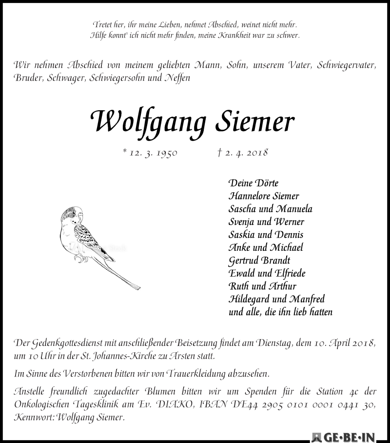 Traueranzeige von Wolfgang Siemer von WESER-KURIER