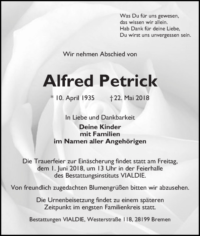 Traueranzeige von Alfred Petrick von WESER-KURIER
