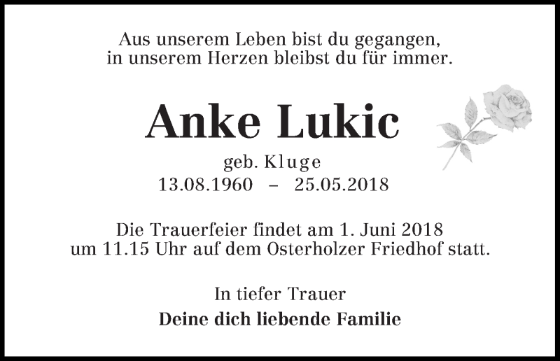 Traueranzeige von Anke Lukic von WESER-KURIER