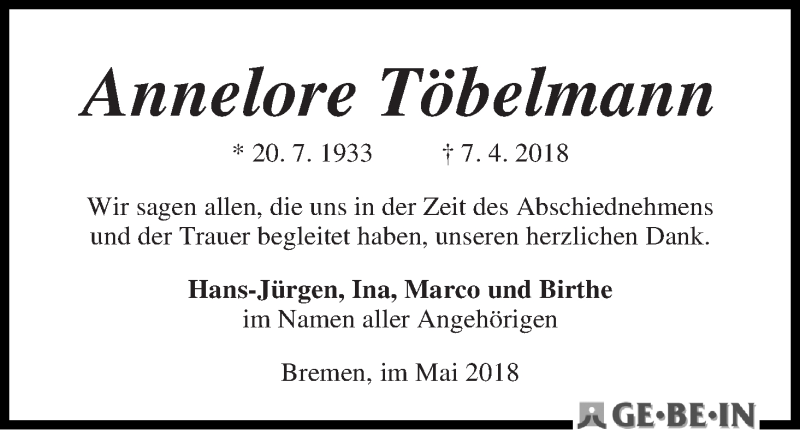 Traueranzeige von Annelore Töbelmann von WESER-KURIER