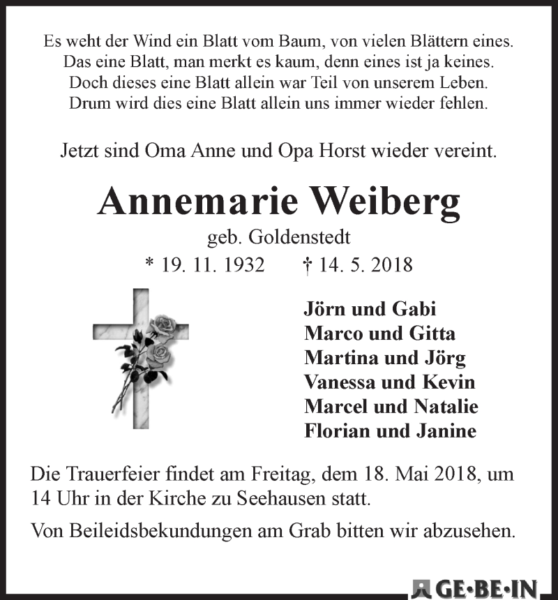 Traueranzeige von Annemarie Weiberg von WESER-KURIER