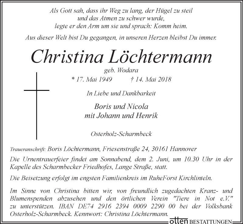 Traueranzeige von Christina Löchtermann von Osterholzer Kreisblatt