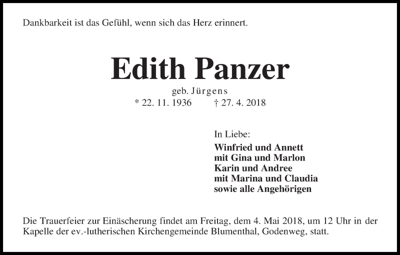 Traueranzeige von Edith Panzer von Die Norddeutsche