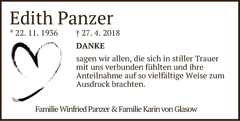 Traueranzeige von Edith Panzer von Die Norddeutsche