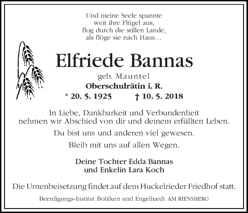 Traueranzeige von Elfriede Bannas von WESER-KURIER