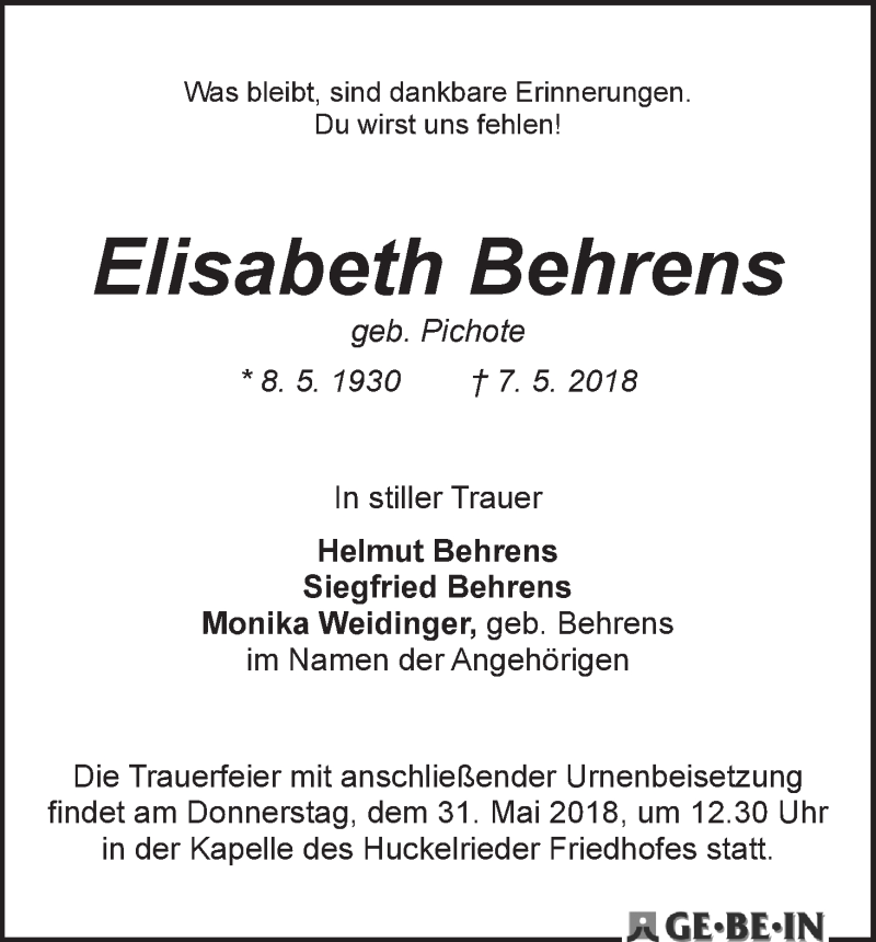Traueranzeige von Elisabeth Behrens von WESER-KURIER