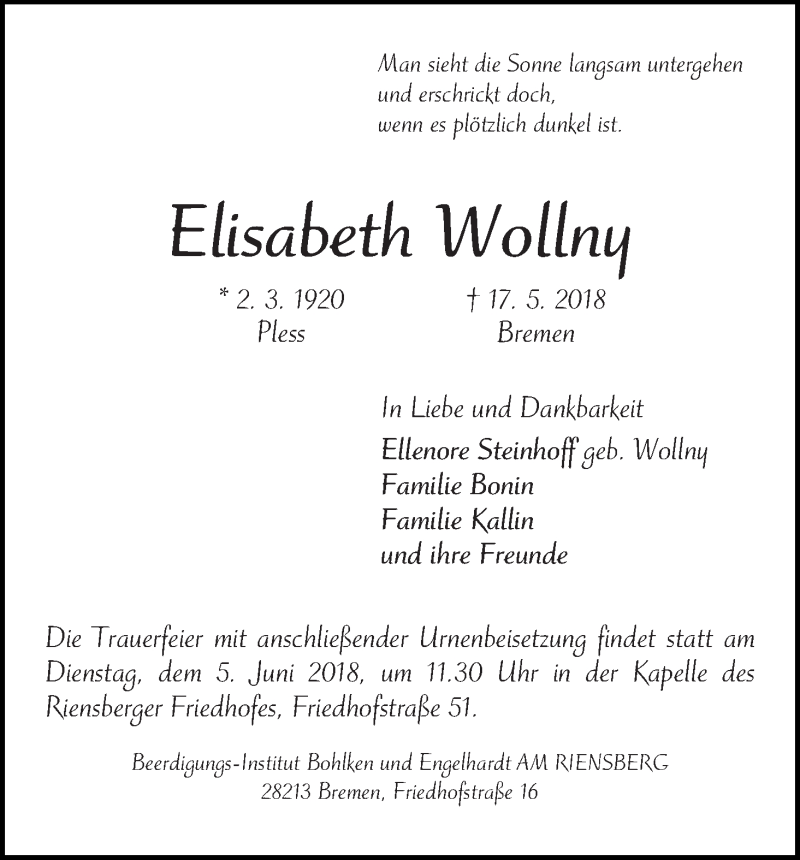Traueranzeige von Elisabeth Wollny von WESER-KURIER