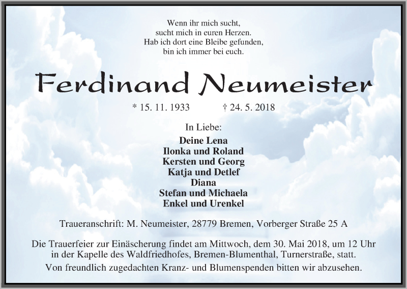 Traueranzeige von Ferdinand Neumeister von Die Norddeutsche