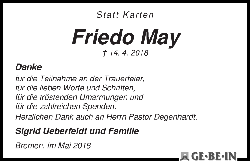 Traueranzeige von Friedo May von WESER-KURIER