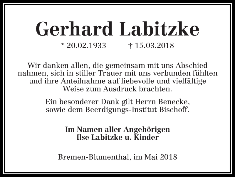 Traueranzeige von Gerhard Labitzke von Die Norddeutsche