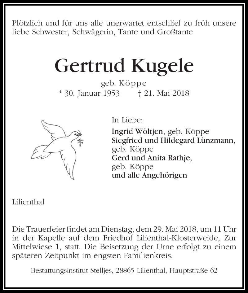 Traueranzeige von Gertrud Kugele von Wuemme Zeitung
