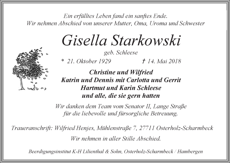 Traueranzeige von Gisella Starkowski von Osterholzer Kreisblatt