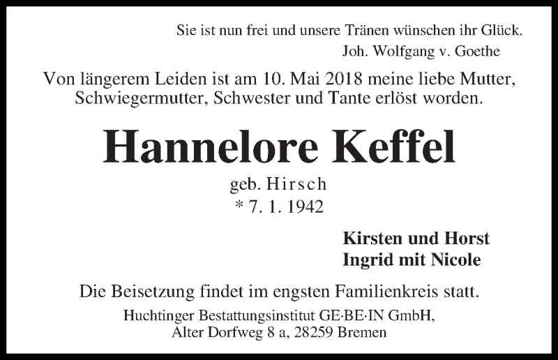 Traueranzeige von Hannelore Keffel von WESER-KURIER